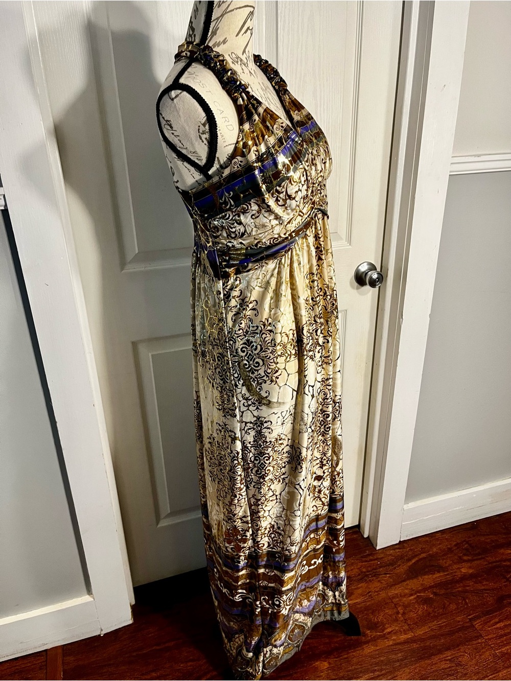 Shoreline Bohemian Printed Halter Maxi Dress - Beige, Purple & Gold foil S/M - Picture 7 of 16